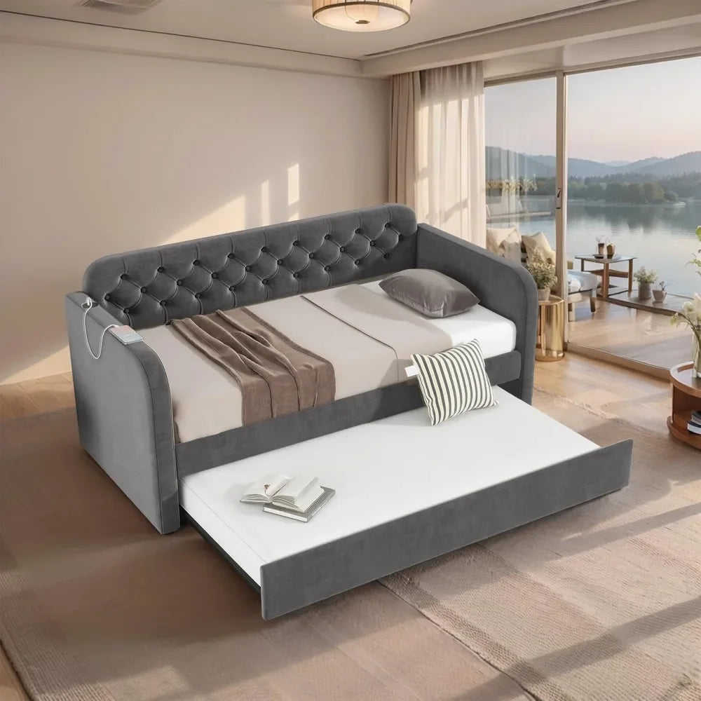 Upholstered Velvet Daybed with Trundle and USB Charging Port - Button Tufted Sofa Frame, No Box Spring Needed, for Bedroom