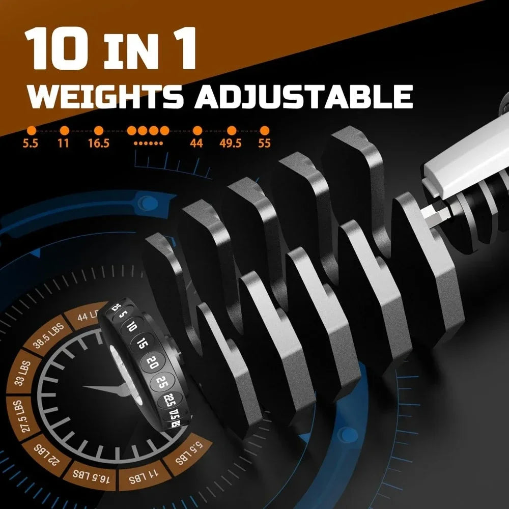 Adjustable Dumbbell Set, 55LB Dumbbell Weights Set, 10 in 1 Free Weights Fast Adjusted by One Hand, Dumbbells with Safety Lock
