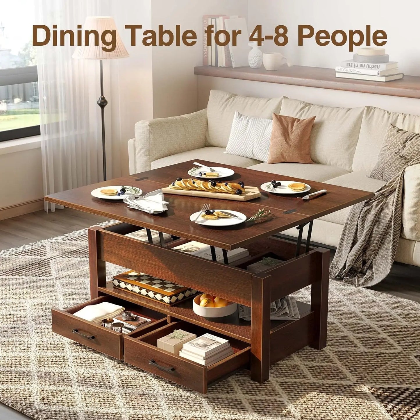 Coffee Table Lift Top, Multi-Function Convertible Coffee Table with Drawers and Hidden Compartment, Coffee Table Converts to Din