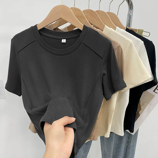 Solid color round Tops neck short sleeved slim fit T-shirt for women 2025 summer new western-style short shoulder shirt T-Shirt