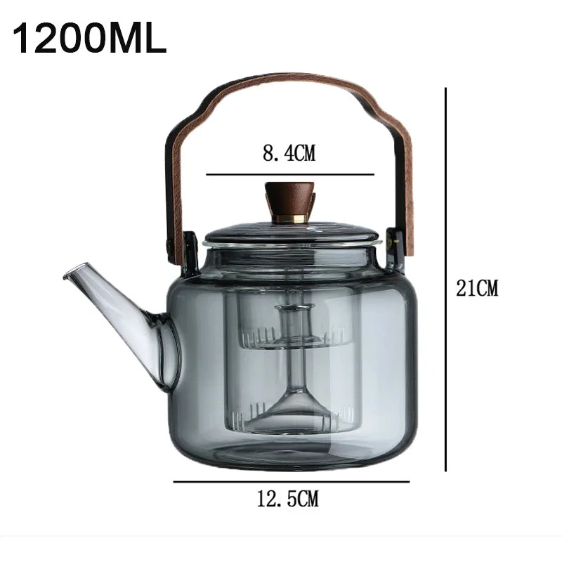 1.2L Gray Glass Teapot with Infuser Heat Resistant Flower Tea Kettle Transparent Tea Pot Portable Handle Pot Office Home Tea Set