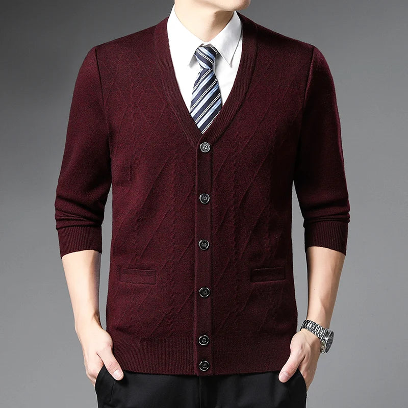 New Autumn Men's Cardigan  Plaid Fashion Business Casual Knitted Sweater Warm V-neck Sweater