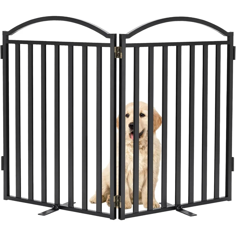 Metal Freestanding Dog Gate with Door, 32'' Height 2 Panels Dog Gate for House, Extra Wide Foldable Indoor Dog Fence Pupp
