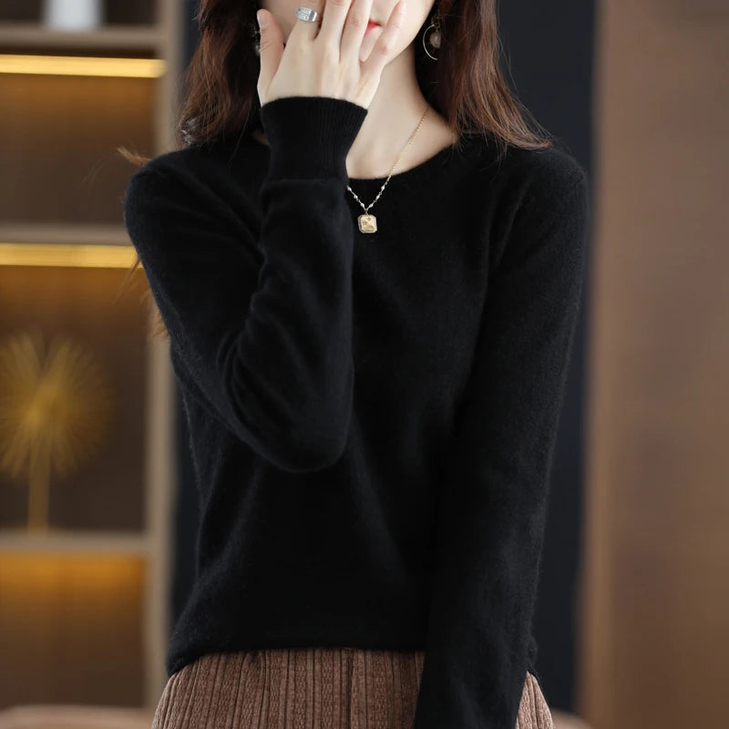 New Cashmere Basic Top Long Sleeve Women O-Neck Knitted Sweater 100% Pure Merino Wool Pullover Clothing Knitwear traf