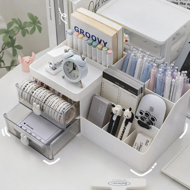 Desktop Cosmetic Storage Box with Drawers And Pen Holder Office Desk Organizer Stationery Rack for Desktop Organization