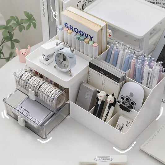 Desktop Cosmetic Storage Box with Drawers And Pen Holder Office Desk Organizer Stationery Rack for Desktop Organization