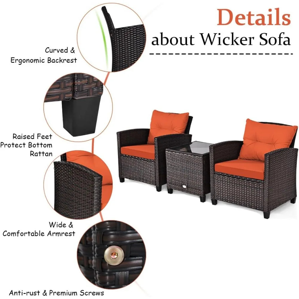 3 Piece Patio Furniture Set, Wicker Bistro Conversation Set w/2 Cushioned Armchairs & Glass Topped Table, Outdoor Rat