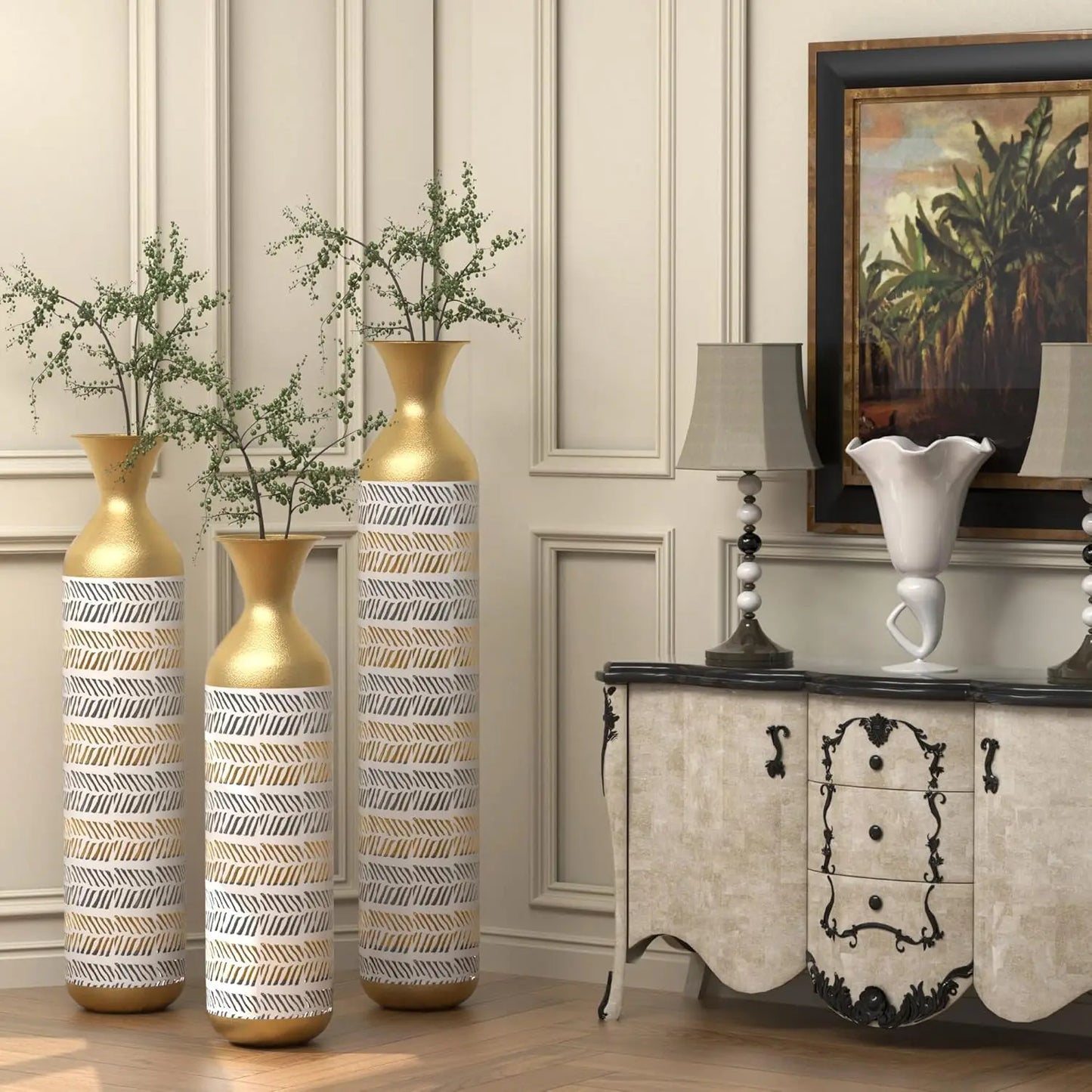 Metal Decorative Vase Set of 3, Oversized Floor Tall Metallic Glazed Vases with Pampas Prairie Twigs for Bedroom Decoration