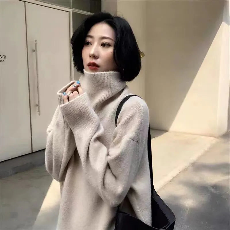 Lucyever Korean Women's Sweater Solid Casual Loose Turtleneck Sweaters Female Thickened Warm Knitted Pullover Autumn Winter 2024