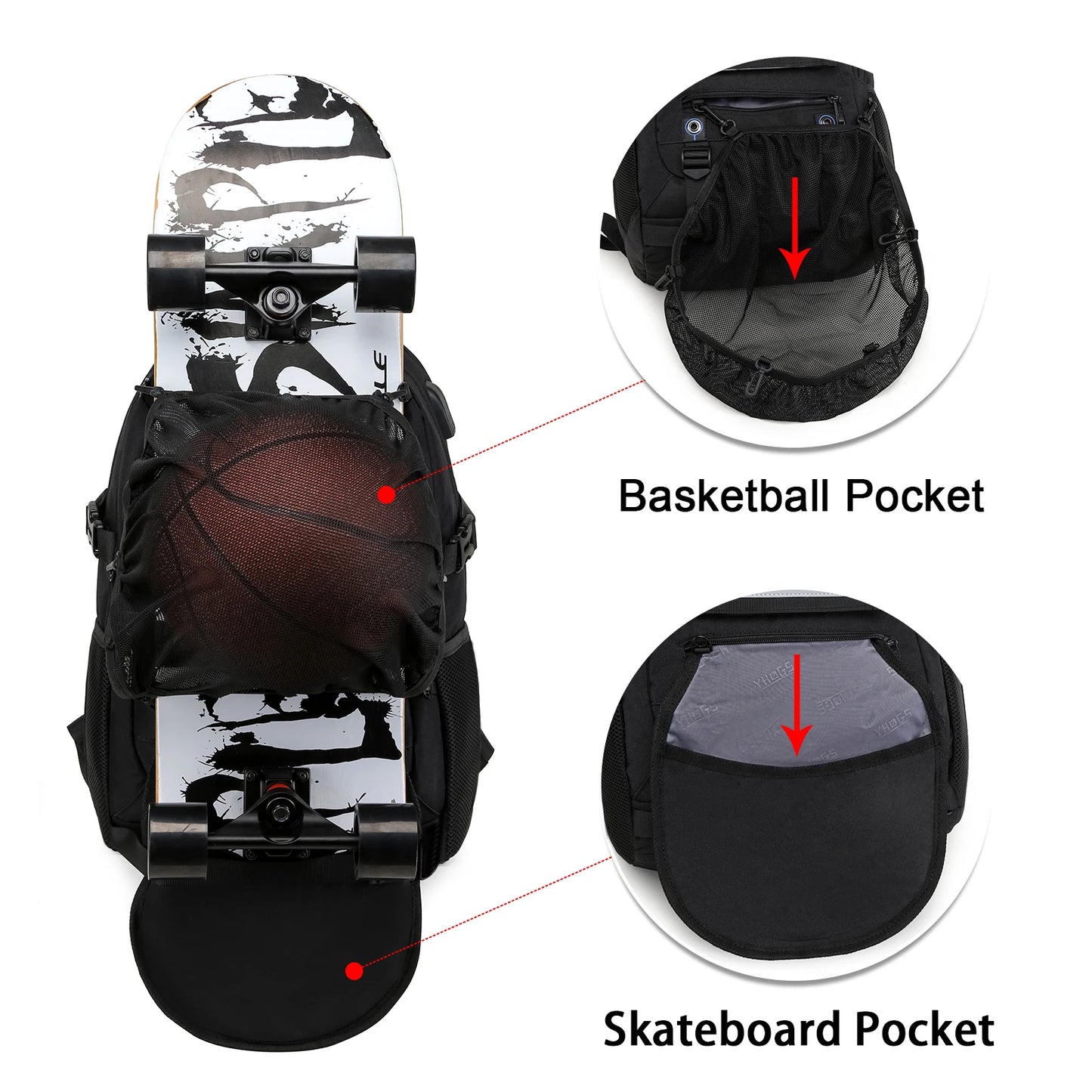 Sports Skateboard Backpack RFID Anti-Theft Lock USB Charging Waterproof Laptop Backpack Large Capacity Basketball Storage Bag
