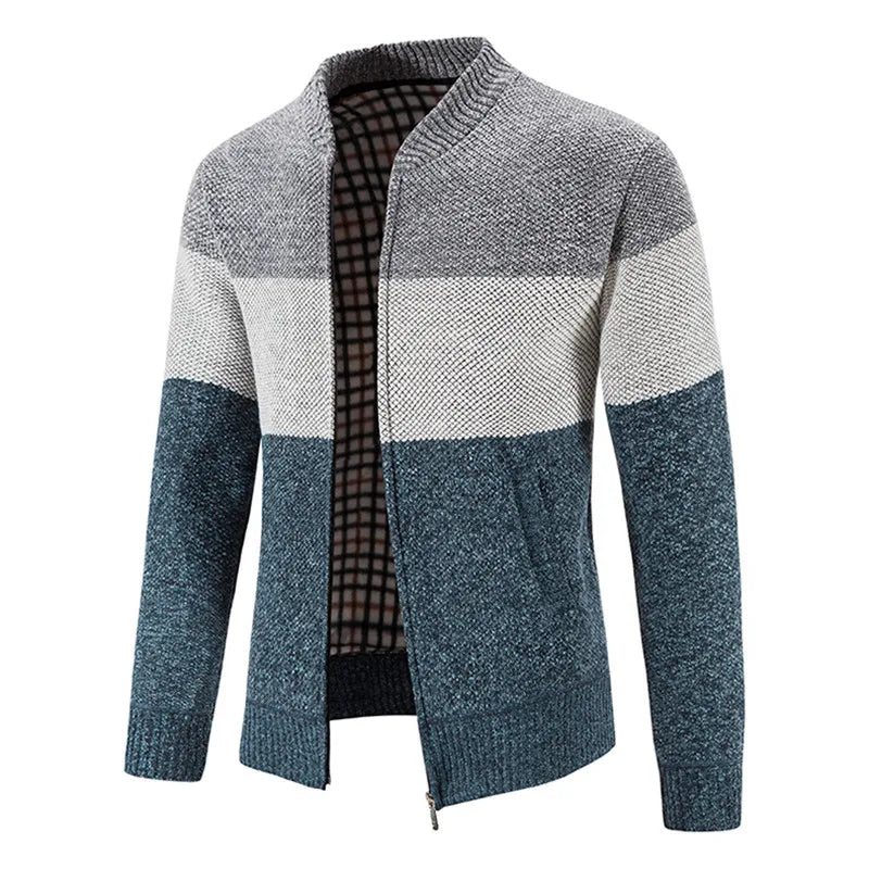 New Fashion Striped Knitted Cardigan Men Winter Fleece Warm Sweater Jacket Mens Daily Casual Knitting Sweater Men Slim Cardigans