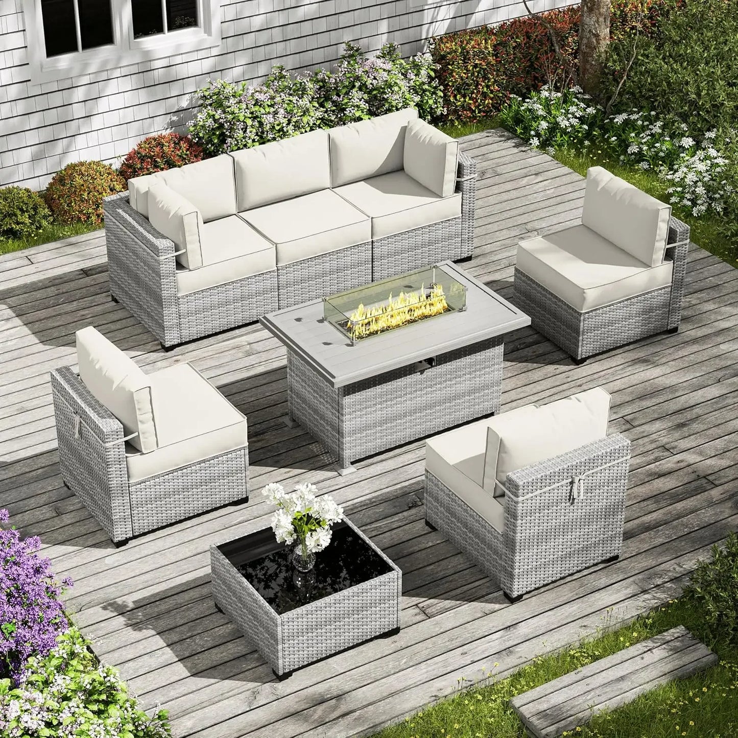 8-Piece Patio Furniture Set With Fire Pit Table, Seat Cushions Light Grey Outdoor Modular Wicker Conversation Set