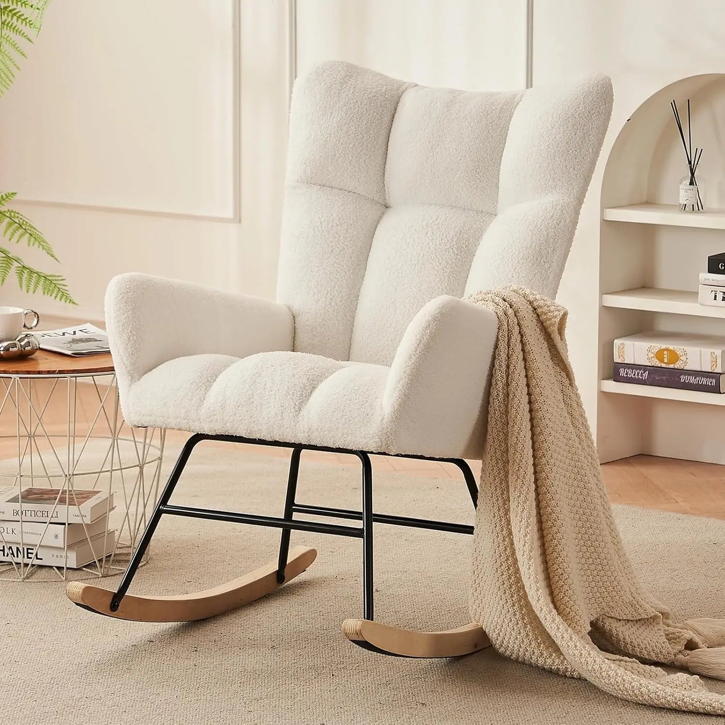 Modern Nursery Rocking Chair, Upholstered Glider Chair with High Backrest, Rocker Accent Armchair with Solid Wood Legs