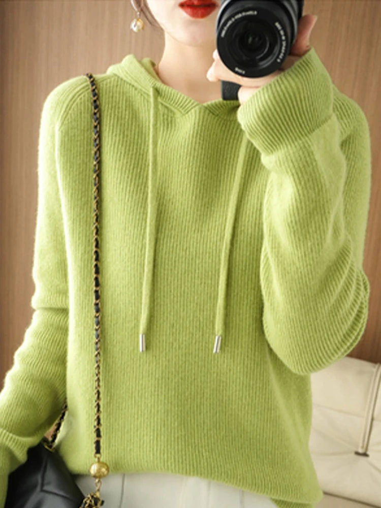 Winter Women's Knitted Cashmere Pullover Fashion Wool Sweater Hooded Neck Long Sleeve plane Soft&warm high-quality Basics Tops