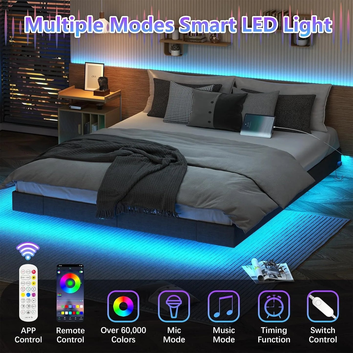 Floating Bed Frame with Storage Drawers & LED Lights, Upholstered Platform Metal Bed Frame with Charging Station, Easy Assembly