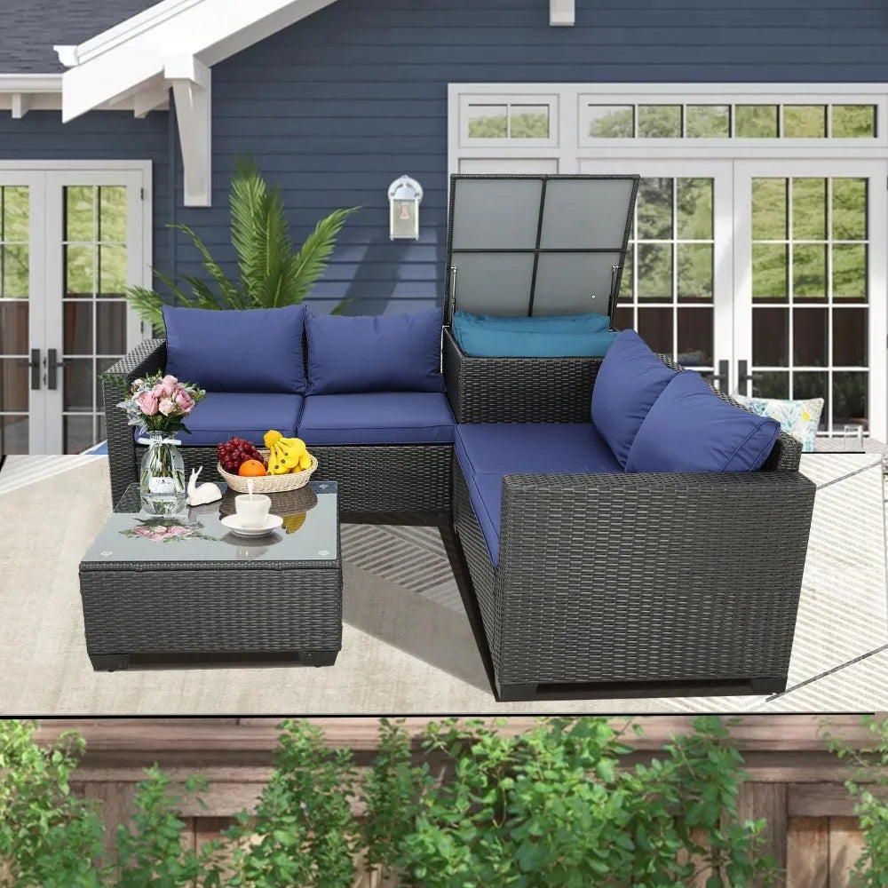 Outdoor Courtyard Furniture Set, Willow Sofa with Cushions and Coffee Table, Garden Outdoor Sofa Set, 4 Pcs