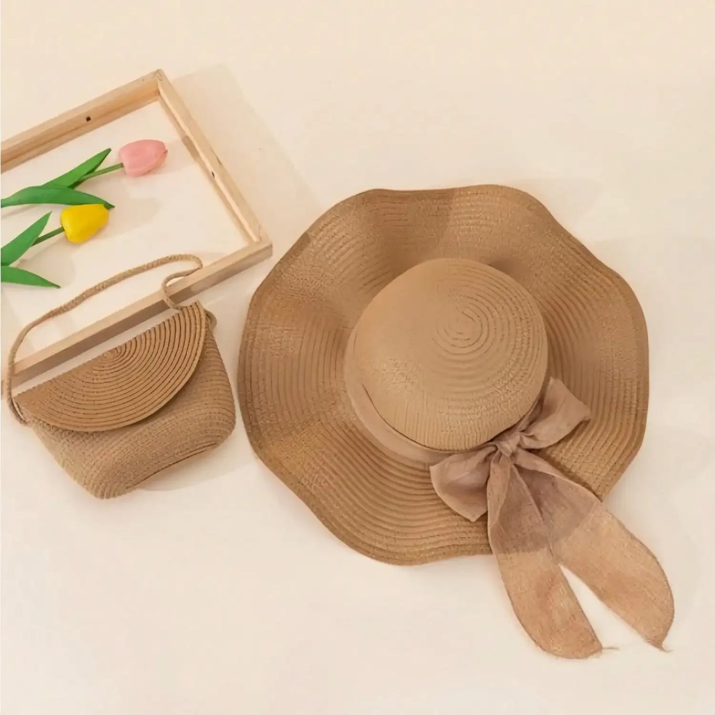 2Pcs/Set Womens Beach Hat Girl Khaki Wave Beach Sun Hat And Woven Shoulder Bag Combo Perfect For Beach Vacation