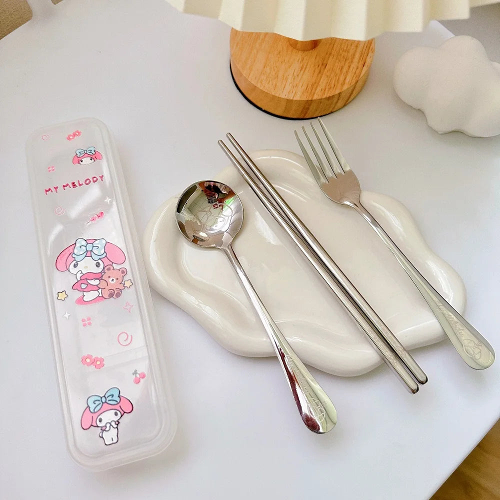 Sanrio Cutlery Set Mymelody Kuromi Kawaii Spoon Fork Chopstick Tableware Set Portable Dinnerware for Kid Anime Flatware with Box