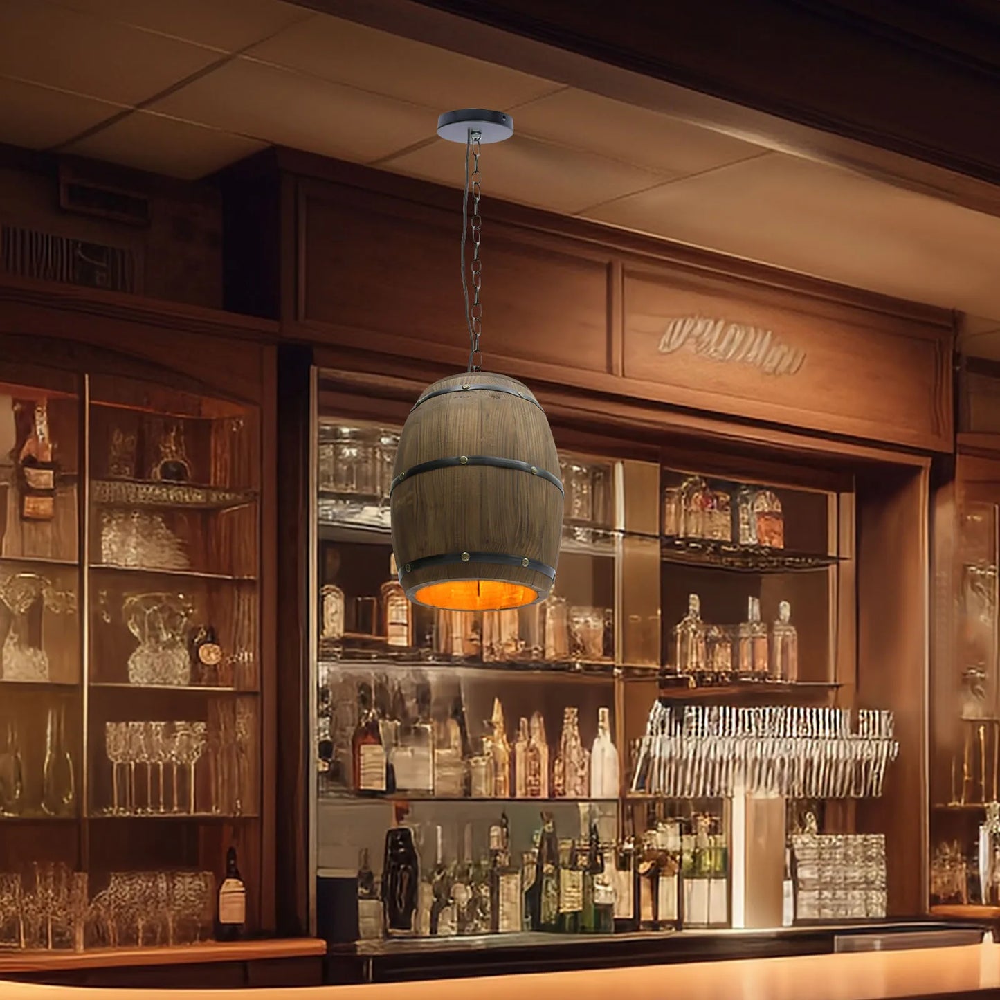 E26 Rustic Ceiling Lamp Vintage Wood Wine Barrel Pendant Lamp for Bars, Cafes and Living with a 90cm Adjustable Chain