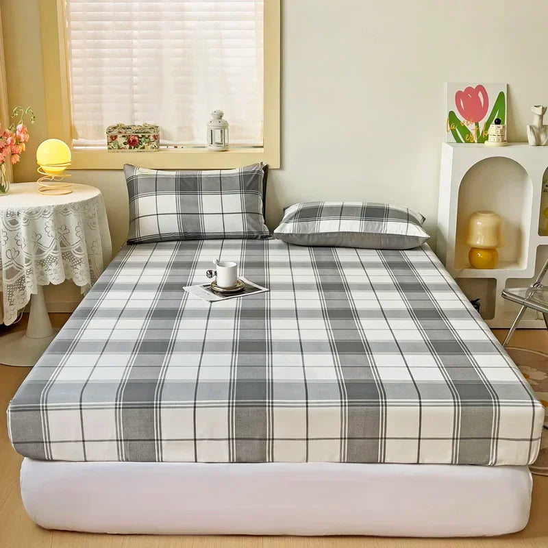 Simple Gray Checkered Fitted Sheet Set 3Pcs Geometric Plaid Non-slip Elastic Bed Cover with 2 Pillowcases Home Bedding Set