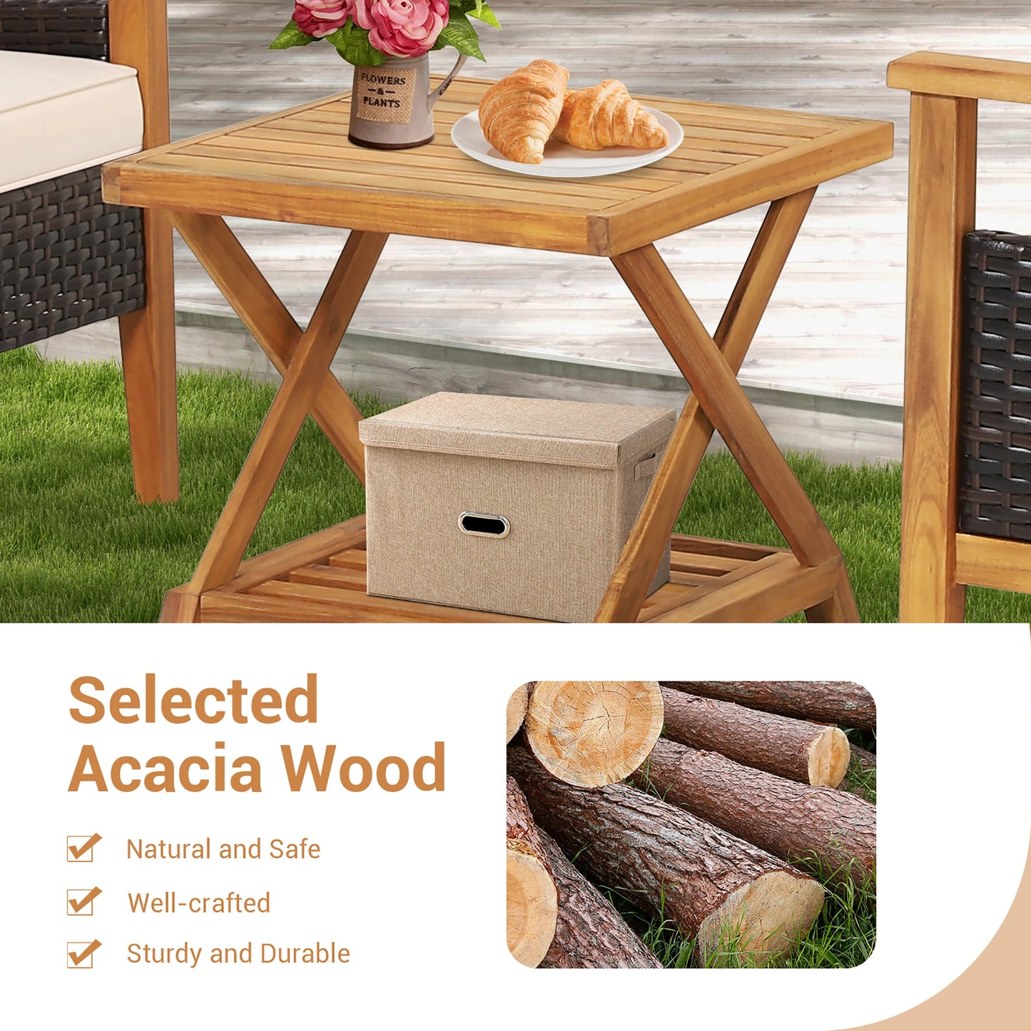 3PCS Patio Wicker Furniture Set Cushioned Armchairs with 2-Tier Side Table Balcony