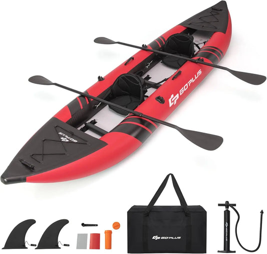 Inflatable Kayak, 2-Person Kayak Set for Adults with 507 LBS Weight Capacity, 2 Aluminium Oars, EVA Padded Seat, 2 Fins, Hand Pu