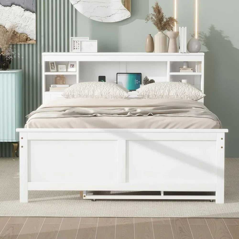 Full Storage Bed With Bookcase Headboard Wood Platform Bed Frames for Kids Teens Adults - White Bedroom Furniture Queen Frame