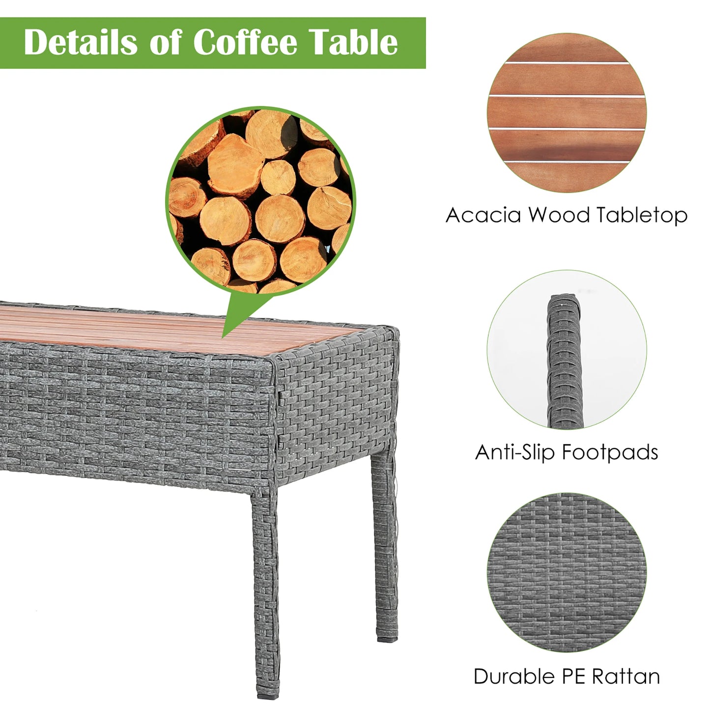 4PCS Patio Rattan Furniture Set Cushioned Chair Wooden Tabletop Gray