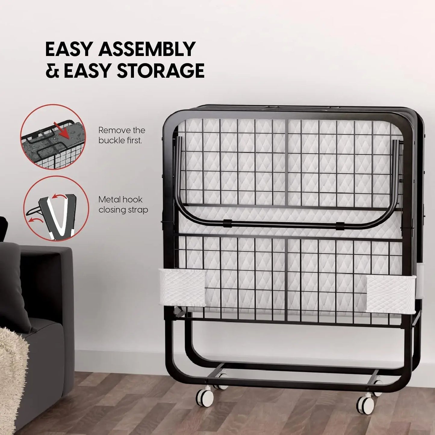 Folding Bed with Mattress - 75x31 Cot Size Bed Frame - Portable Foldable Roll Away Adult Bed for Guest - 5-inch Thick