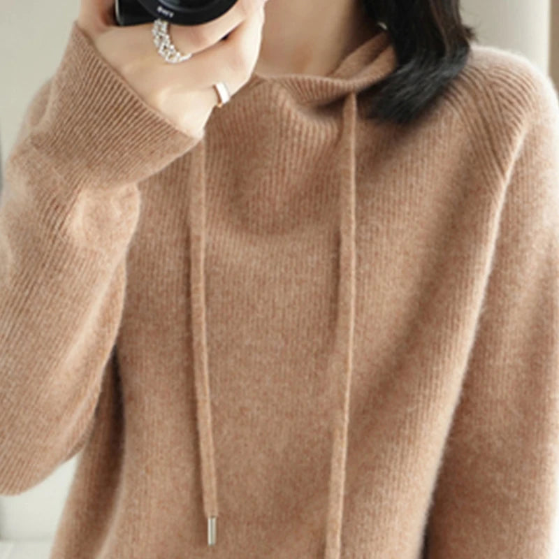 Winter Women's Knitted Cashmere Pullover Fashion Wool Sweater Hooded Neck Long Sleeve plane Soft&warm high-quality Basics Tops