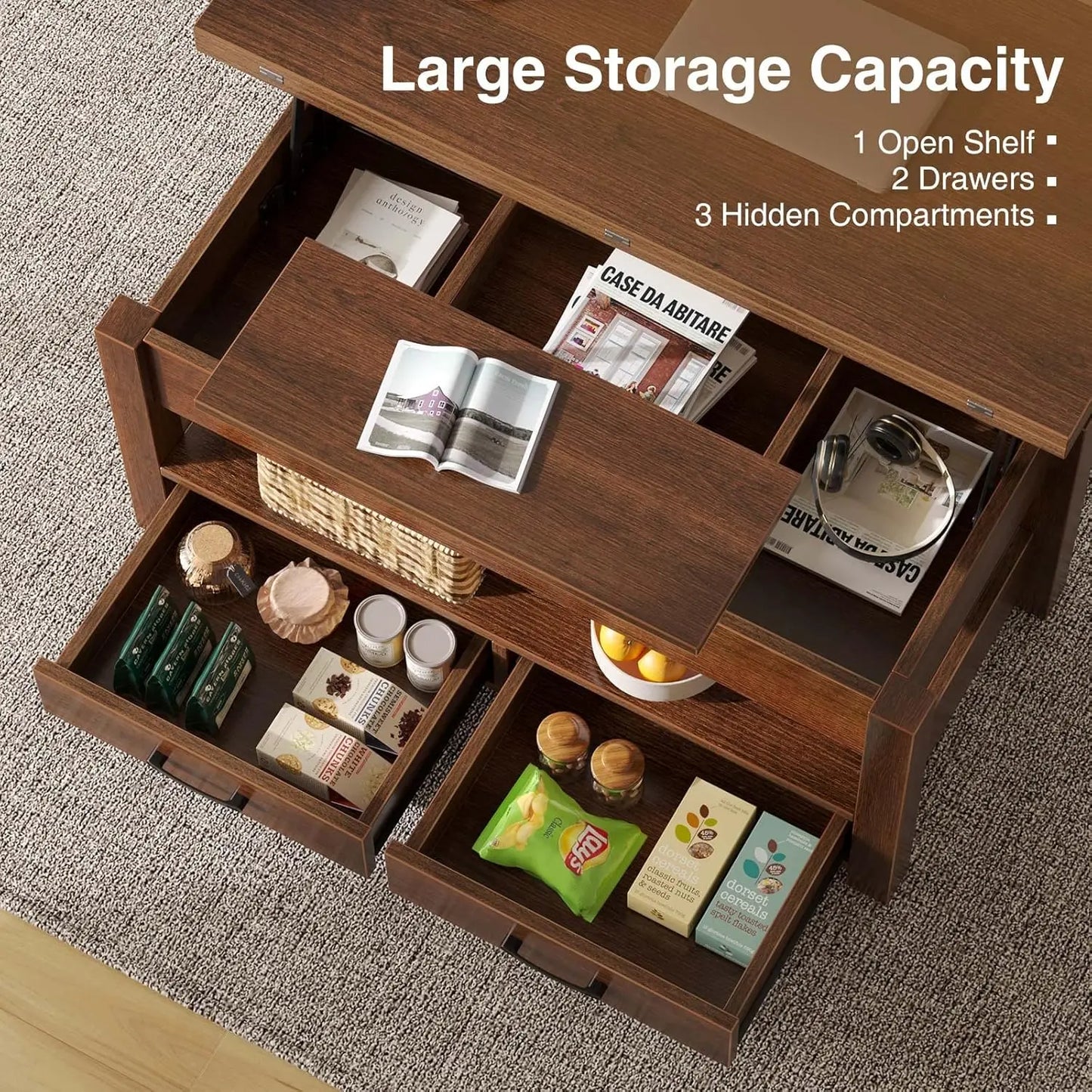 Coffee Table Lift Top, Multi-Function Convertible Coffee Table with Drawers and Hidden Compartment, Coffee Table Converts to Din