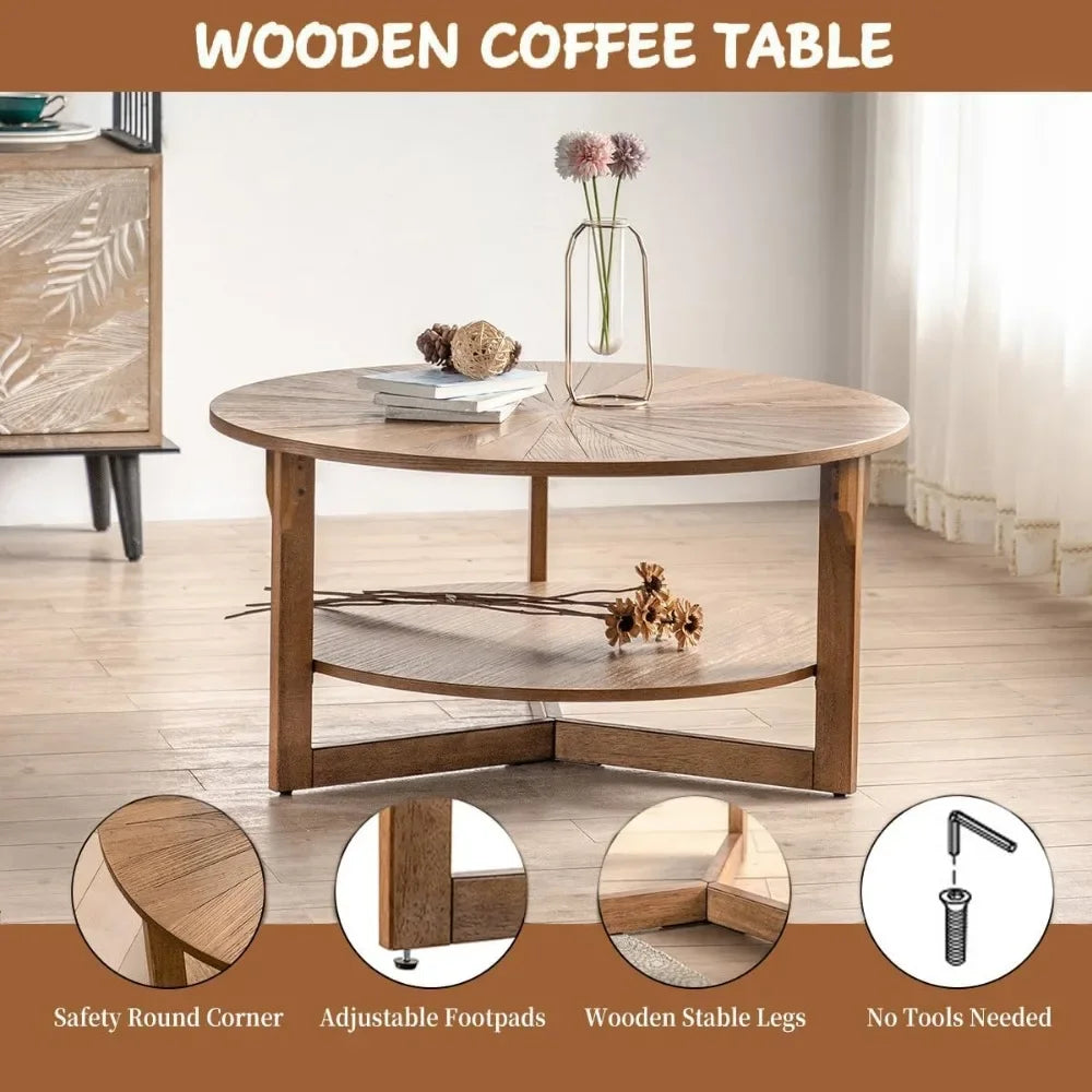 Coffee Table Wood Round for Living Room, 2 Tier Circle  with Storage, Rustic Natural Coffee Table for Apartment, Coffee Tables