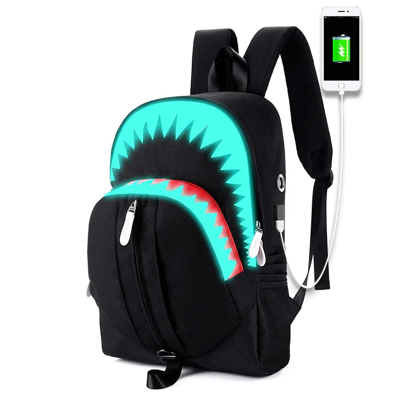 Fashion Backpack USB Charging Night Luminous Shark Laptop Backpack Students Chest Bag Teenagers School Bags Travel Bag