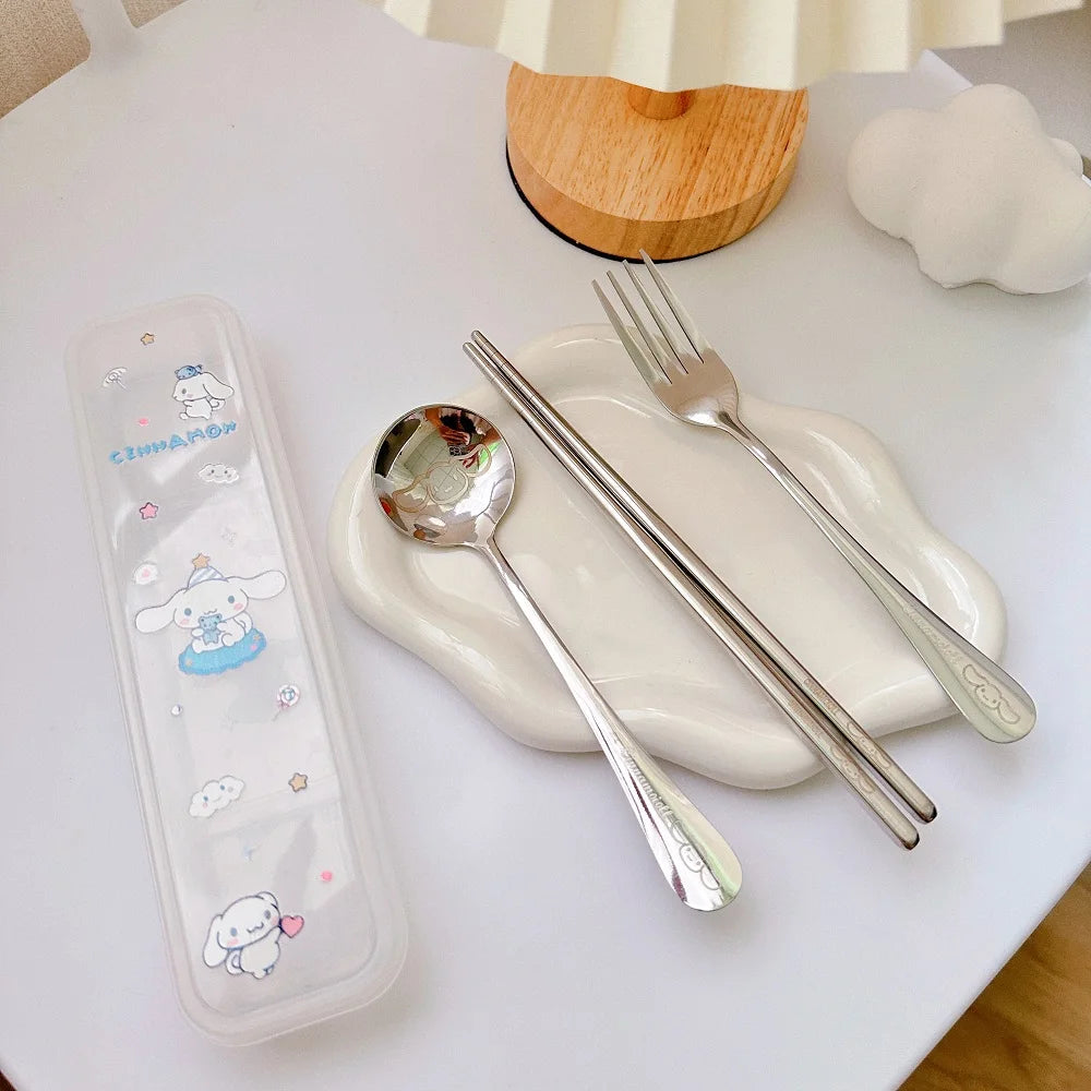 Sanrio Cutlery Set Mymelody Kuromi Kawaii Spoon Fork Chopstick Tableware Set Portable Dinnerware for Kid Anime Flatware with Box