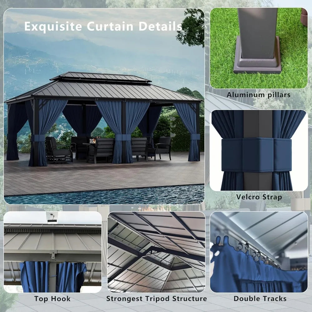 12x20ft Hardtop Gazebo Double Roof, Outdoor Pavilion with 2-Layer Hard top Galvanized Iron Frame Garden Tent