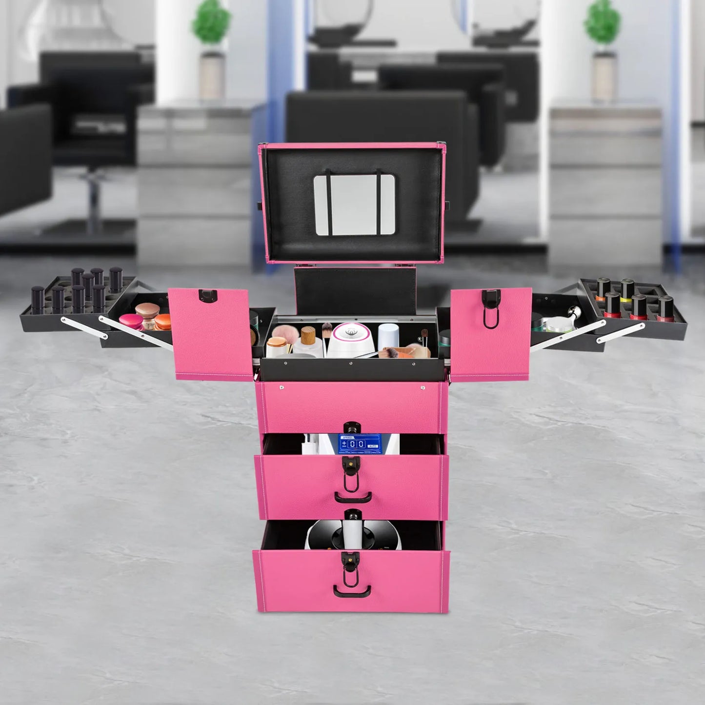 4 in 1 Portable Rolling Makeups Train Case,Salon Cosmetic Storage Organizer w/Mirror,Travel Trolley Organizer Box