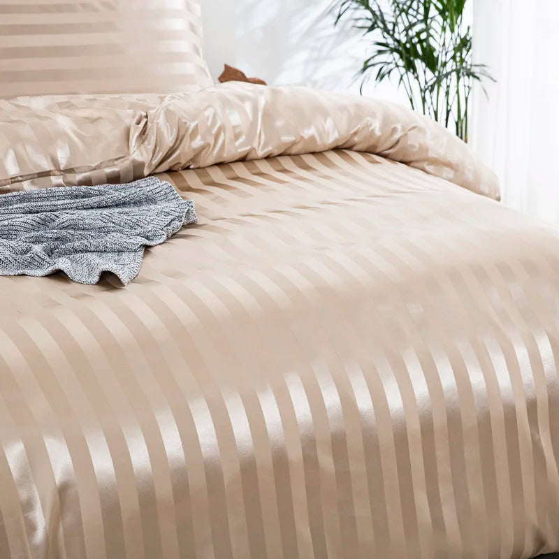 Satin Striped Duvet Cover Twin/Full/Queen/King/Single/Double Size Set, Luxury Silky Like Khaki Stripe Duvet Cover Bedding Set