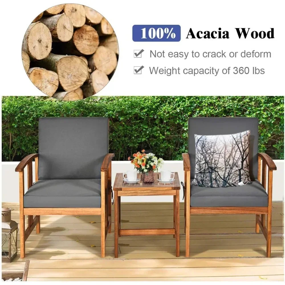 3 Pieces Patio Furniture Set, Includes Set of 2 Outdoor Acacia Wood Cushioned Chairs and Coffee Table, for Garden, Backyard