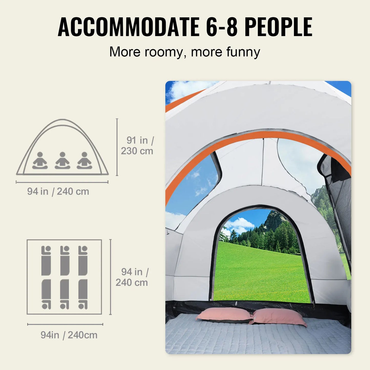 VEVOR Outdoor Camping Tent 8"-8" SUV Tent w/Rain Layer PU2000mm Double Layer Camping Tent Fit 6-8 Person for Van Hatch Tailgate