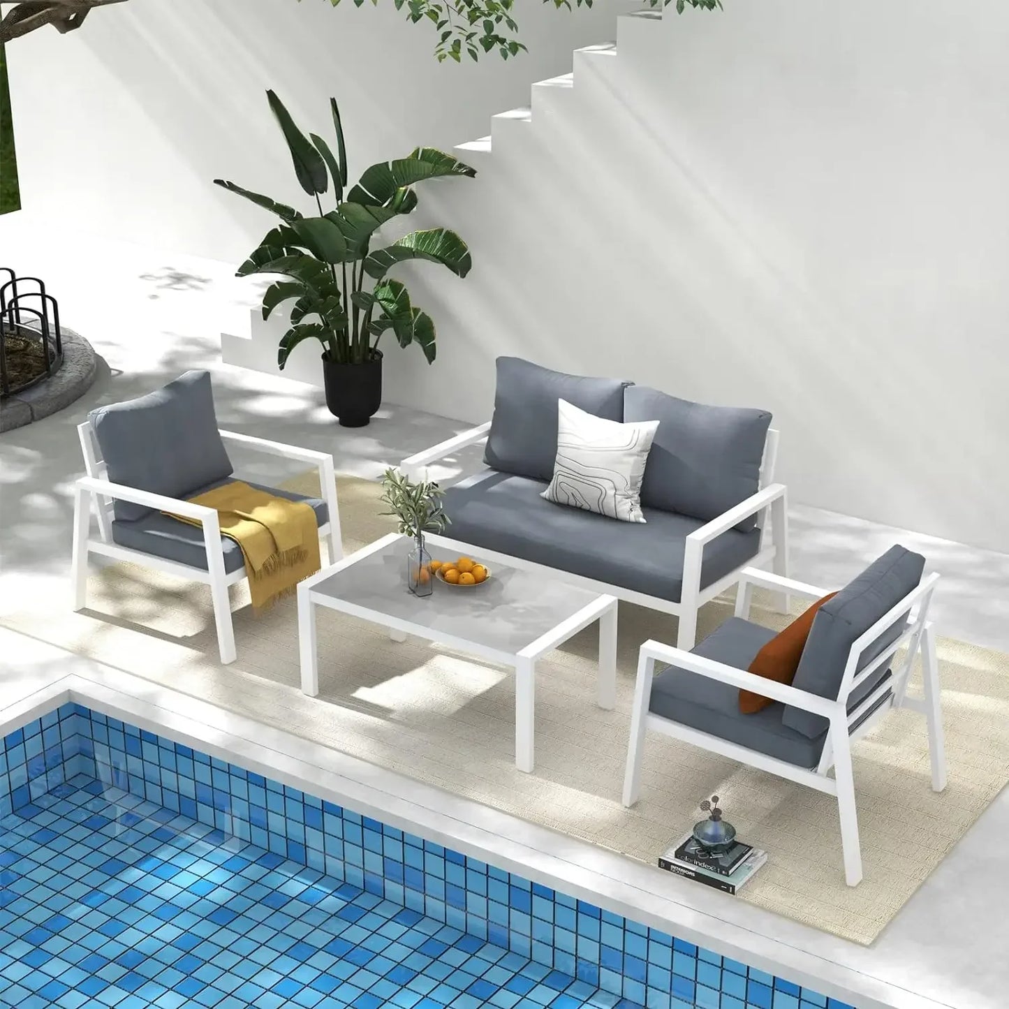 4-Piece Aluminum Outdoor Patio Furniture, Patio Conversation Sofa Set with Removable Cushions, Tempered Glass Top Coffee Table