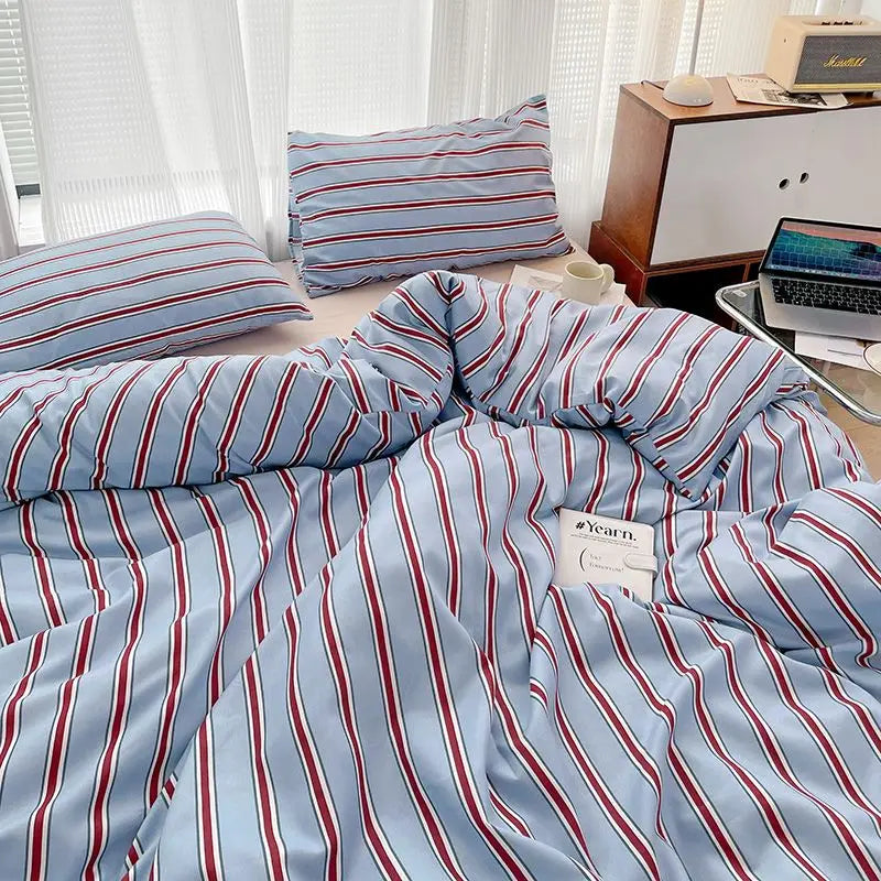 Simple Style Red And Blue Strip Duvet Cover Set Bed Sheet Set Washed Cotton Bedding Set