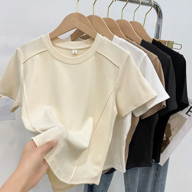 Solid color round Tops neck short sleeved slim fit T-shirt for women 2025 summer new western-style short shoulder shirt T-Shirt