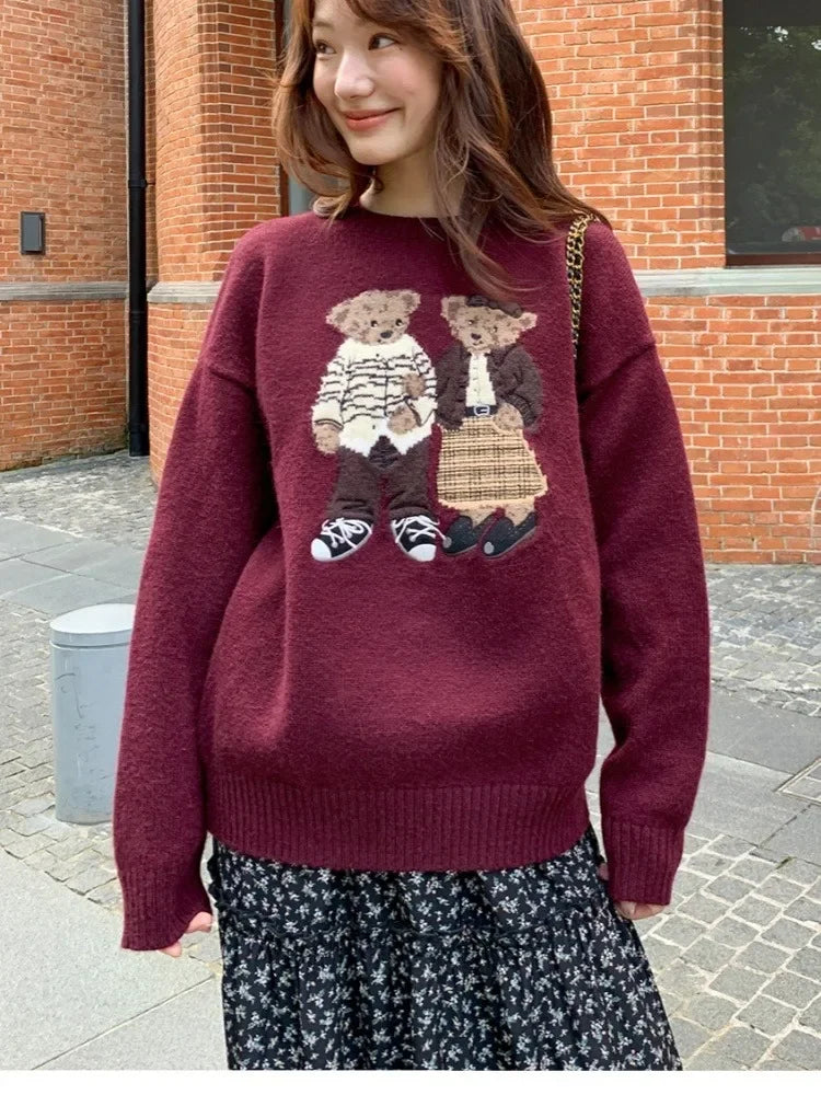 High Quality Embroidery POLO Neck Sweaters Korean Sweet Cute Bear Cartoon Jumper Pullover Winter Fashion Women Loose Casual Tops