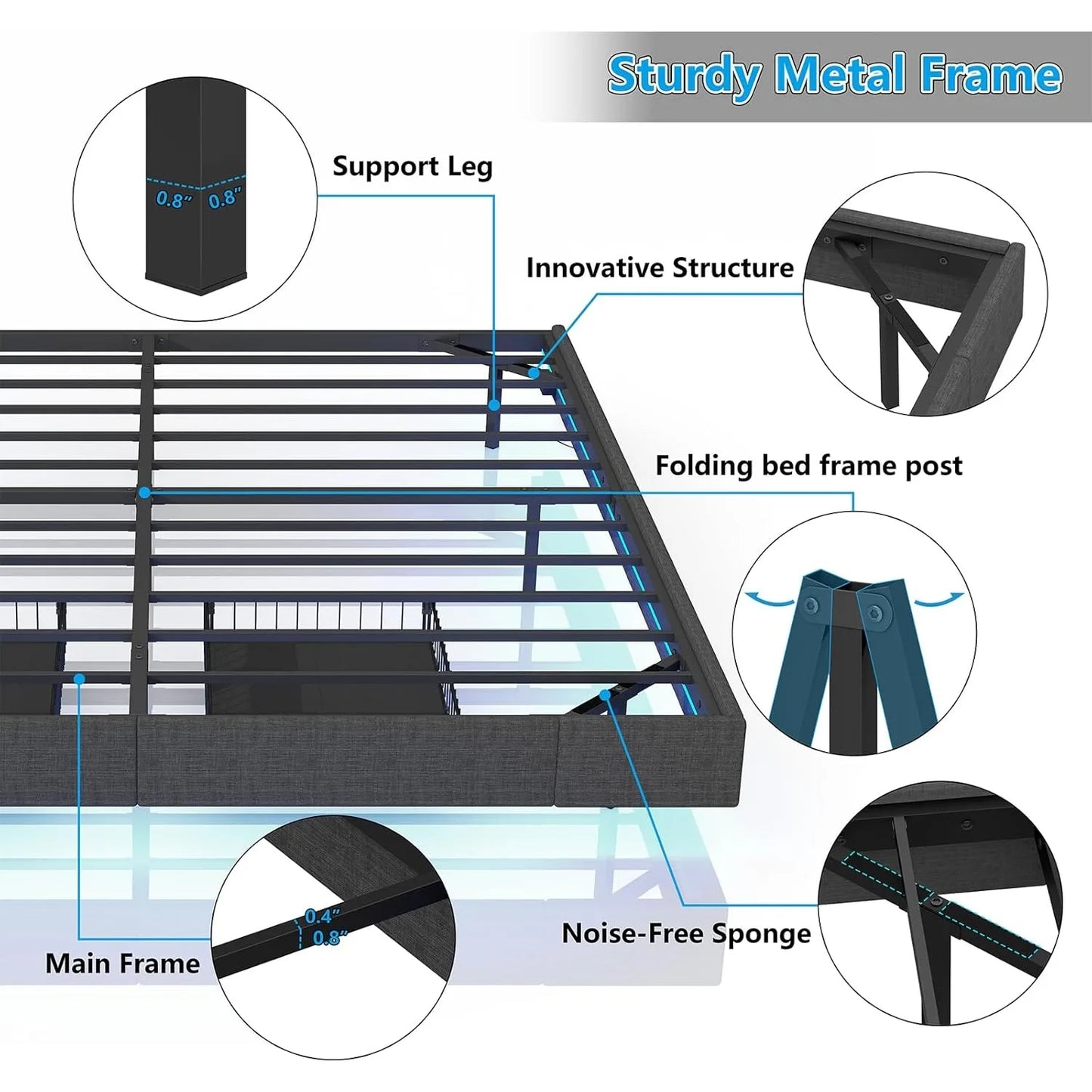 Floating Bed Frame with Storage Drawers & LED Lights, Upholstered Platform Metal Bed Frame with Charging Station, Easy Assembly