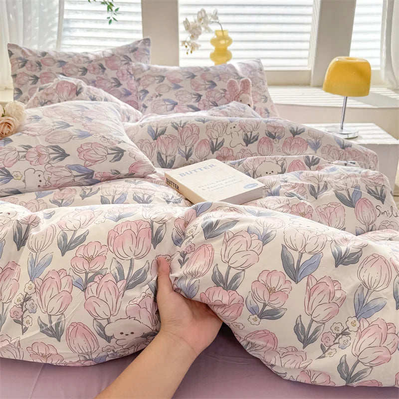 Pink Floral Printed Duvet Cover with Pillowcase Single/Queen/King Duvet Cover Sets Super Soft Bedding Sets for Double Beds