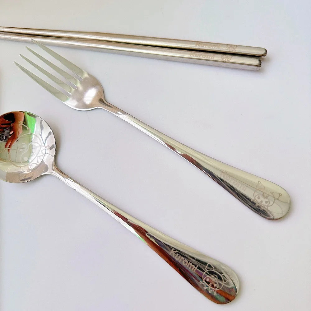 Sanrio Cutlery Set Mymelody Kuromi Kawaii Spoon Fork Chopstick Tableware Set Portable Dinnerware for Kid Anime Flatware with Box