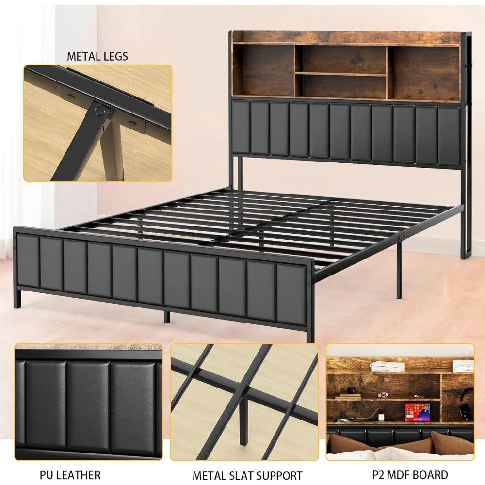 Bed Frame with Storage Upholstered Shelves Headboard, Outlets with Charging Ports and Colorful LED Lights
