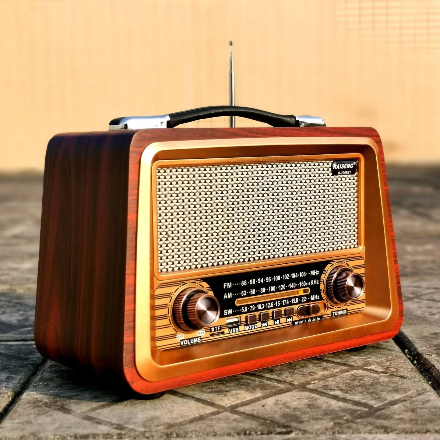 R-2066BT Retro Multi Band Real Wooden Rechargeable Radio With Wireles Bluetooth Link USB Mp3 Player Outdoor Portable Speaker Box