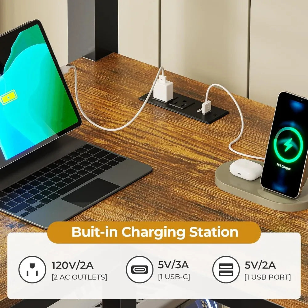 Loft Bed Twin Size with L-Shaped Desk, LED Lights,Charging Station, Twin Metal Loft Bed Frame with Fabric Drawers & Shelve,13.4H