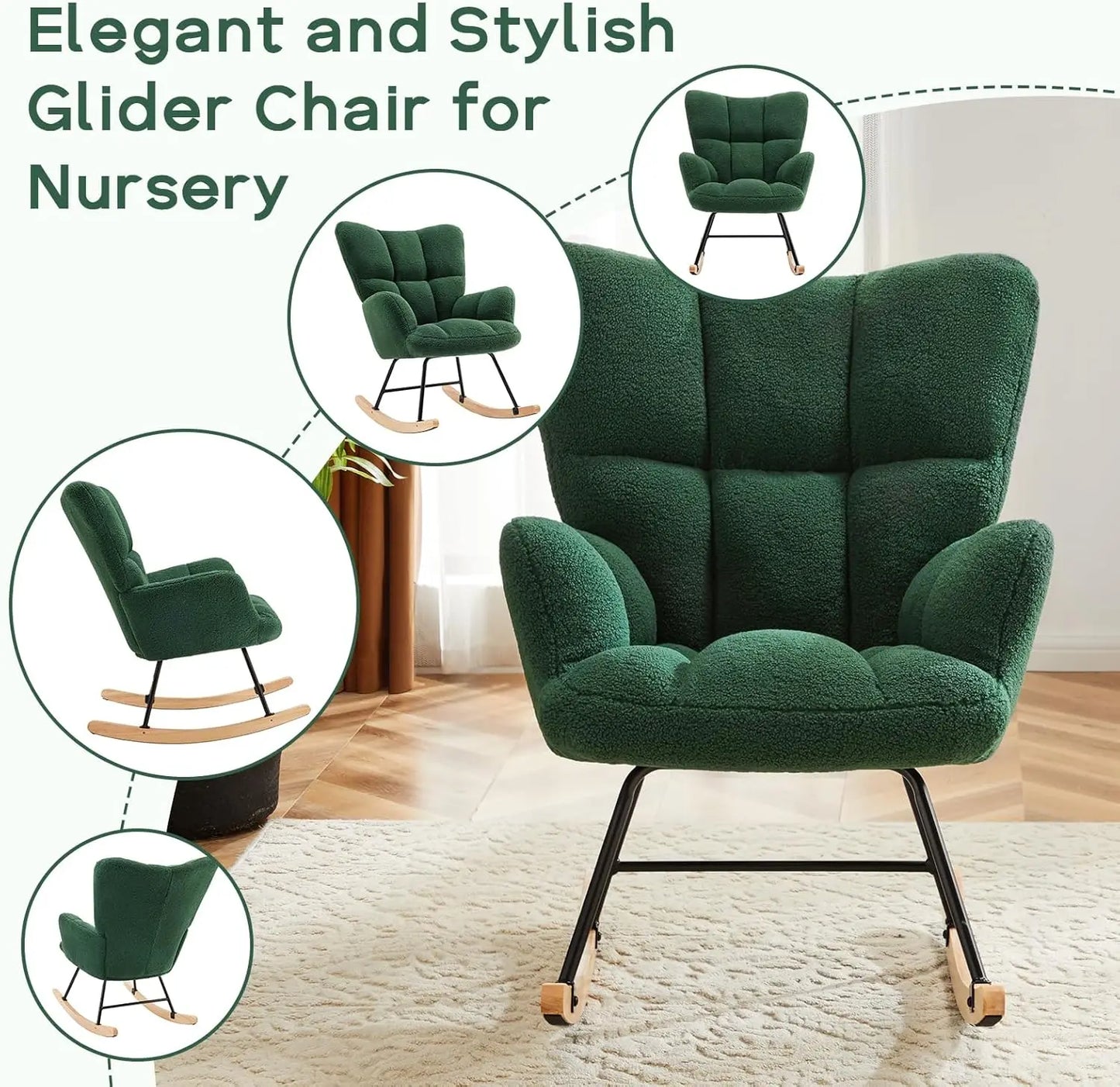 Modern Nursery Rocking Chair, Upholstered Glider Chair with High Backrest, Rocker Accent Armchair with Solid Wood Legs